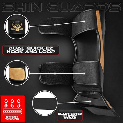 BEAST RAGE MMA Martial Arts Shin Guards for Kickboxing Adjustable Muay Thai, Padded Martial Arts Shin Pads Leg Guard with Instep Sleeves MMA Training BJJ Karate Boxing Taekwondo - color: GOLDEN, size: X-Large