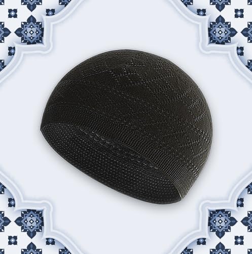 Velvet Islamic Prayer Rug Set (Thick Prayer Mat - 99 Tasbih Prayer Beads - Black Cotton Kufi Hat) Eid and Ramadan Gift for Muslims (Blue) - color: Blue