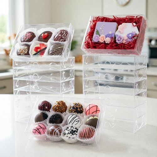 RomanticBaking 15PCS 7x4.3x1.5 Inch Clear Chocolate Covered Ore Boxes Cookie Boxes with Window Bakery Boxes for Cakesickle,Truffle, Bomb Dount,Cake &Gift Treat Boxes for Party Favors - size: 7"X4.3X1.5"