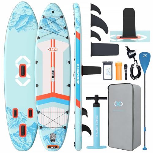 ZLX 11'6"x35" Ultra Wide Inflatable Stand Up Paddle Board | Stable Non-Slip Deck Pad, Unique Fin System, Premium SUP Accessories & Backpack - Upgraded Pump for Adults, All Skill Levels - color: Light Blue