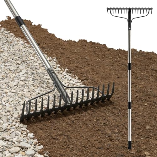 Bow Rake,Heavy Duty Metal Garden Rake for Moving Gravel Loosening Soil Leveling Ground Gathering Leaf Debris Spreading Mulch, 17 Tines,Adjustable Handle, for Lawn Garden Farm Landscape Work (77") - style: 77"