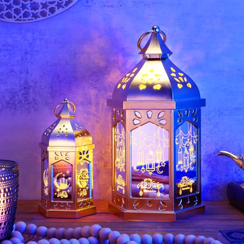 Threan 2 Pcs Ramadan Lantern Lights, 6.9" & 11" Golden LED Ramadan Eid Decorations with Star and Moon Pattern, Hanging Lights for Muslim Home, Patio, Table, Wedding Centerpieces Islamic Festival Decor