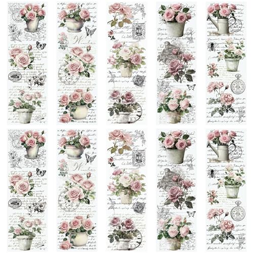 WANDIC 10 Sheets Rub On Transfer Stickers, Vintage Pink Rose Decals Fashionable Waterproof Transfers for Furniture Table Water Bottle DIY Craft, 11.8 * 3.9in - color: Pink Rose