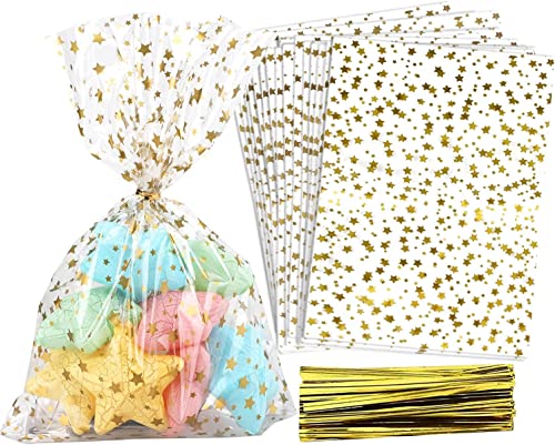 COQOFA 200 Pcs Star Printed 5"X7" Gift Wrap Cello Cellophane Clear Candy Cookie Treat Bags Plastic Poly Goodie Storage Bags with Twist Ties for Bakery, Birthday, Wedding, Party - color: Gold, size: 5x7 in (200 pcs)