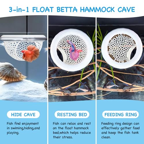 3-in-1 Floating Betta Hammock Cave & Betta Leaf Pad with Shrimp Feeder - 3D Printed Aquarium Decor, Feeding Ring, Hideout & 2 Resting Leaf Pads for Beta, Shrimp & Small Fish，3PCS