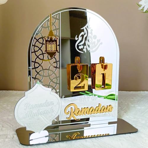 Ramadan Advent Calendar 2026, Eid Mubarak Countdown Calendars Tracker Date Gift DIY for Arabic Muslim Islamic Holiday Table Home Decorations Count Down Calendar (Acrylic Silver) - color: Silver