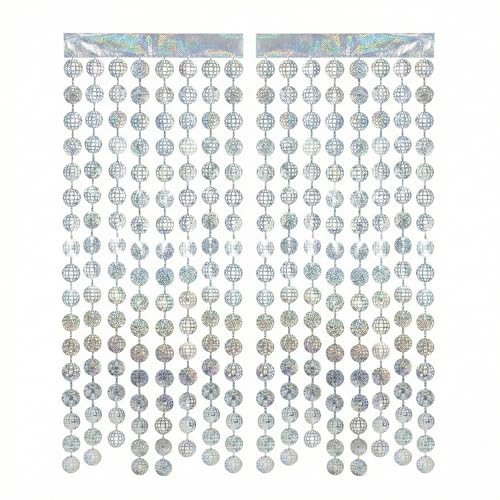 2 Pack Disco Ball Doorway Curtain 3ft x 6.5ft – Silver Bead Curtain Backdrop, Shiny Photo Booth Background for Disco Party, 70s Theme, Birthday, Bachelorette, New Year Decor - color: Silver Disco