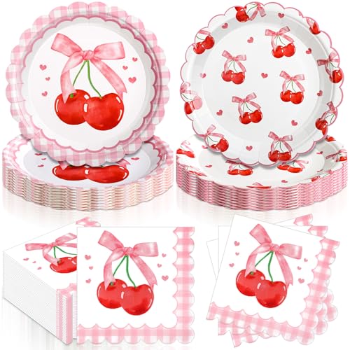 Funnymoom 96 Pcs Pink Bow Cherry Tableware Set 48 Pcs Disposable Cherry Party Paper Plates and Napkins Tableware Set Watercolor Disposable Dinnerware for Birthday Holiday Party Decor Favors Serves 48 - style: Cherry