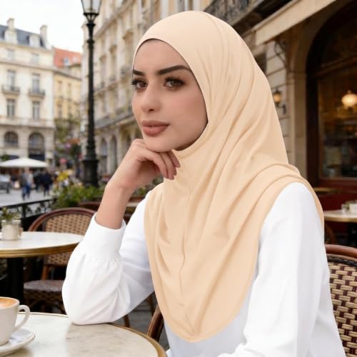 Instant Hijab Ready To Wear Hijab Scarf for Women Soft Long Muslim Jersey Hijabs Head Scarf for Prayer Abaya - color: Beige