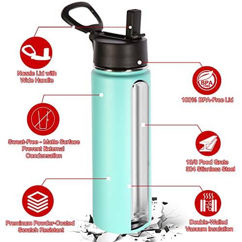 Volhoply Insulated Water Bottles with Straw Bulk 4 Pack, 22 oz Stainless Steel Double Walled Vacuum Travel Water with Wide Mouth, Reusable Metal Cold Water Flask for School Hiking(Mint,4 Set) - color: Mint
