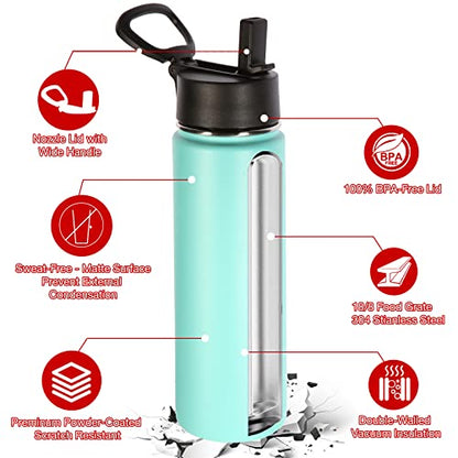 Volhoply Insulated Water Bottles with Straw Bulk 4 Pack, 22 oz Stainless Steel Double Walled Vacuum Travel Water with Wide Mouth, Reusable Metal Cold Water Flask for School Hiking(Mint,4 Set) - color: Mint