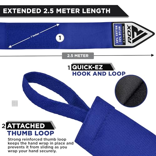 RDX Boxing Wraps Kids 2.5M Inner Gloves, Elasticated Thumb Loop Bandages, Junior Under Mitts Hand Fist Protector Wrist Support Straps, Muay Thai MMA Kickboxing Martial Arts Speed Bag Punching Training - color: BLUE
