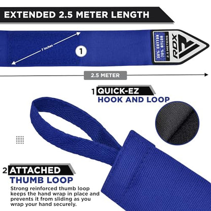 RDX Boxing Wraps Kids 2.5M Inner Gloves, Elasticated Thumb Loop Bandages, Junior Under Mitts Hand Fist Protector Wrist Support Straps, Muay Thai MMA Kickboxing Martial Arts Speed Bag Punching Training - color: BLUE