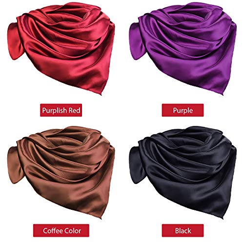 Syhood 4 Pcs 35 Inch Head Satin Large Bandana Satin Scarves Head Scarf for Women's Hair Square Scarf - color: Purplish Red, Purple, Coffee Color, Black