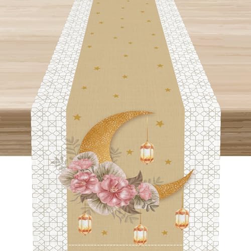 Boho Moon Table Runner,Watercolor Flowers Retro Moon Stars Golden Ramadan Summer Holiday Kitchen Dining Table Decoration for Home Party Decor,13 x 36 Inch - color: Moon-1, size: 13x36" Table Runner