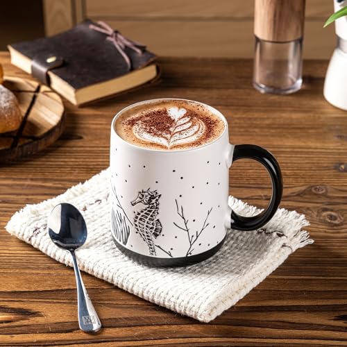 AmorArc Large Coffee Mugs Set of 6, 18oz Ceramic Coffee Cups with Sea Life Textured Patterns for Tea Latte Cocoa. Easy to Hold&Clean, Dishwasher&Microwave Safe, Matte - color: Matte White-Black Pattern
