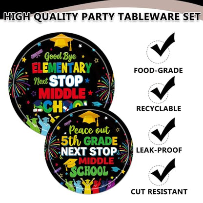 EUOYUFO 96Pcs 5th Grade Graduation Paper Plates Napkins Forks Peace Out Fifth Grade Party Tableware Next Stop Middle School Theme Graduate Class of 2026 Supplies Serve 24 Guests - color: 5th Grade