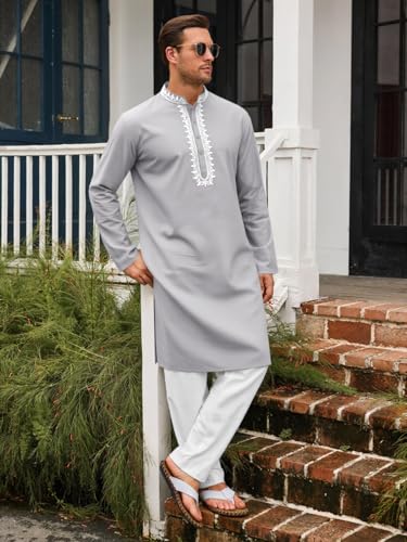 Runcati Mens Kaftan Thobe Cotton Henley Shirt Long Sleeve Embroidery Robe Casual Kurta Muslim Gown Shirt - color: Grey, size: Medium