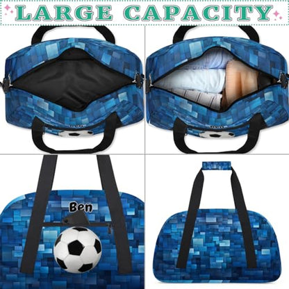 Personalized Sports Bag for Boys, Soccer Blue Geometric Pattern | Personalized Named Practice Travel Overnight Training Bag - color: Color 19