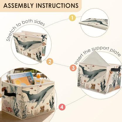Coastal Beach Ocean Whale Storage Bins Box with Handles, Marine Biology Sea Animal Plant Foldable Basket Toybox for Kids Room Nursery Bedroom Bathroom Home Clothes Toys Books - color: color-8