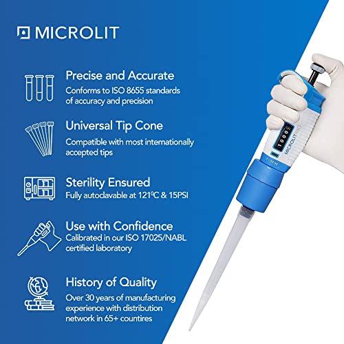 Microlit Micropipette - Single Channel Pipette Compatible with Microlit 10ml Pipette Tips, Adjustable Volume Lab Pipette, Accurate and Calibrated Pipette (1-10ml) - size: 1-10ml, style: Single-Channel