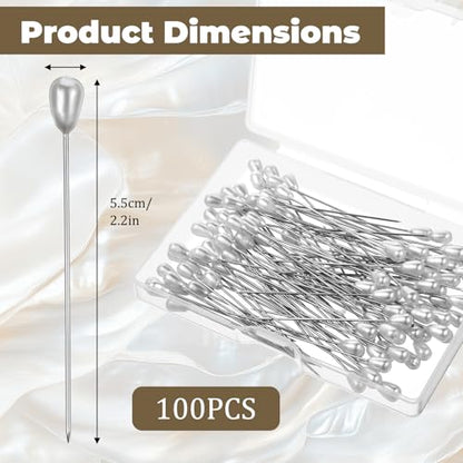 100 Pcs Teardrop Corsage Pins, 55mm/2.2 Inch Long Straight Pearl Head Sewing Pins for Corsage, Bouquet, Hat, Ribbon Flowers, Dressmaking, Fabric, Knit & Crochet Crafts, Wedding Decorations