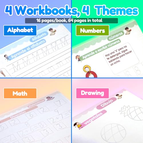 4 Magic Tracing Practice Books – Grooved Handwriting Spanish Copybooks for Kids, Reusable Writing Practice Workbooks Without Tears, Disappearing Ink for Toddlers Preschool Learn (Spanish) - color: Spanish