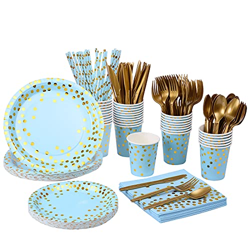201-Piece Blue Party Supplies Set - Disposable Paper Dinnerware Serves 25 - Gold Dot Blue Paper Plates, Napkins, Cups & Plastic Silverware Sets for Wedding, Baby Shower & Holiday Parties - color: Blue