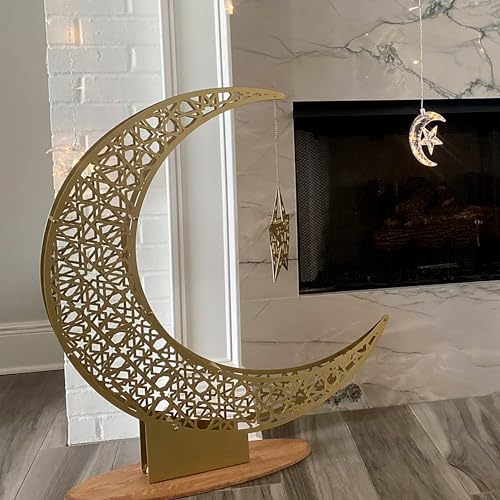 iwa concept Metal Crescent Islamic Decor, Moon and Star Ramadan Art, Islamic Table Top Decoration Gift for Muslims in Ramadan Eid (102 x 86 cm | 40.2 x 33.9 inches | Large) - size: 40"L x 40.2"W
