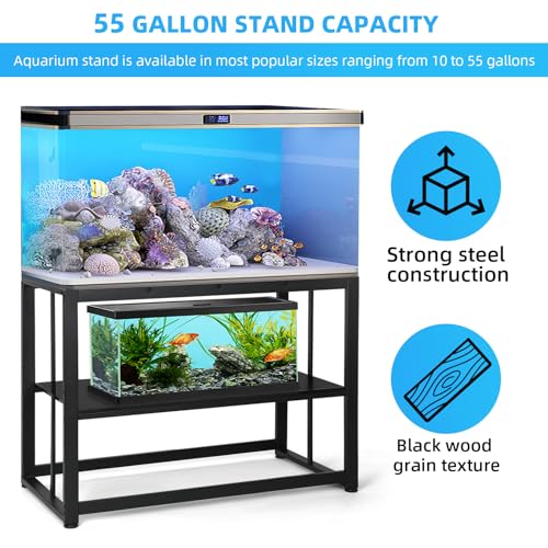 VOWNER 55-75 Gallon Fish Tank Stand, Metal Aquarium Stand, Black | 48.4" x 14.9" x 29.5" Heavy Duty Reptile Tank Stand, Adjustable 2-Tier Fish Tank Rack Shelf for Home Office, Stand Only - color: Black