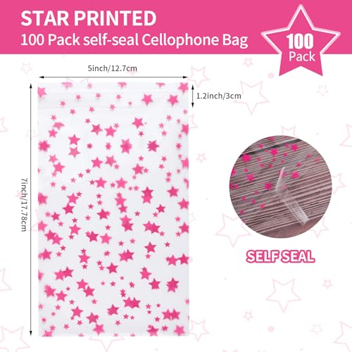 COQOFA 100 Pcs Star Printed Sealable Gift Wrap Cello Cellophane Bags Self sealing Adhensive Treat Bags Party Favor bags (5x7inch, Pink) - color: Pink(Self-sealing), size: 5x7 in