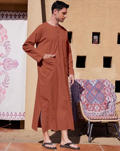 YAOHUOLE Kaftan for Men Long Sleeve Muslim Men Thobe Kaftan Thobe with Pockets - color: Brick Red, size: Large