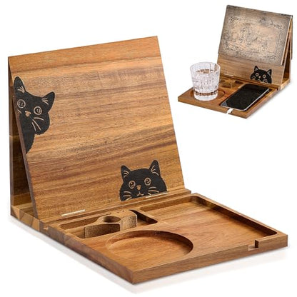 Book Holder Stand for Reading Rest, Wooden Foldable Book Rest with Book Page Holder, Cup, iPad & Phone Stand, Book Nook Reading Valet Desktop Triangle Bookstand Bookshelf for Readers Bookworms Gifts - color: Cat
