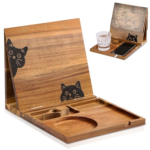 Book Holder Stand for Reading Rest, Wooden Foldable Book Rest with Book Page Holder, Cup, iPad & Phone Stand, Book Nook Reading Valet Desktop Triangle Bookstand Bookshelf for Readers Bookworms Gifts - color: Cat
