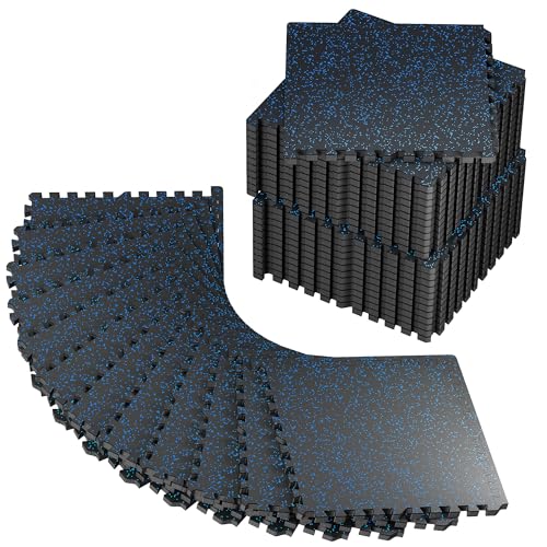 PRAISUN 0.56" Rubber Top Gym Flooring, Heavy Duty Interlocking Gym Mats for Home Gym, Non-Slip Workout Mat, 24 x 24in Large Gym Floor Mat, Protect Floors from Equipment, 144 Sq Ft, Black/Blue - size: 36 Tiles (144 Sq Ft)