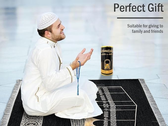 Muslim Prayer Rug & Beads Set with Stylish Cylinder Gift Box Janamaz Sajadah Ultra-Soft Taffeta Prayer Mat Perfect Islamic Spiritual Gift for Ramadan Islamic Black - color: Arabesque