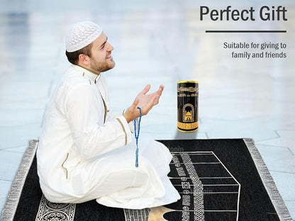 Muslim Prayer Rug & Beads Set with Stylish Cylinder Gift Box Janamaz Sajadah Ultra-Soft Taffeta Prayer Mat Perfect Islamic Spiritual Gift for Ramadan Islamic Black - color: Arabesque