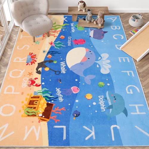 Kid Rugs for Playroom,4'11" x 6'7" ABC Alphabet Whale Kids Rug,Non-Slip Ocean Kids Rug Play Mat,Washable Educational Classroom Rug Kids Area Carpet for Kid Room Bedroom Playroom(for Age 2+) - size: 4'11" x 6'7" (Rectangular)