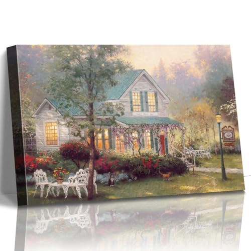STUDIO HAVEN Thomas Kinkade Canvas Wall Art, Cyan-Roofed Cottage Vine-Covered Porch Flower Garden Relaxing Pets Oil Painting Poster Cozy Retreat Wall Decor, Framed Prints for Home Decor, 16x12Inch - color: Thomas029, size: 16"L x 12"W