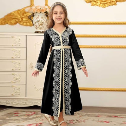 Kids Girls Ramadan Muslim Lace Trim Maxi Dress with Belt Prayer Arabic Kaftan Dubai Islamic Eid Dresses - color: Black, size: 8-9 Years
