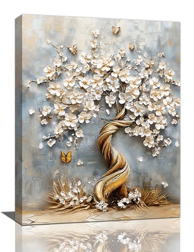Flowers Wall Art White Blossom Butterfly Pictures Wall Decor 3d Floral Tree Of Life Canvas Print Painting Modern Home Decoration Unframed Artwork for Living Room Bedroom Kitchen Office 12"X16" - color: Blossom Ttree, size: 12"L x 16"W