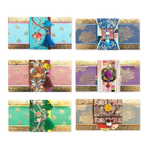 Korean Golden Traditional Gift Envelopes(6 Pack), Elegant Designs with Gold Foil, Tassels & Message Cards, Handmade Cash Envelopes, Weddings, Holidays, Birthdays, Graduations, Lunar New Year