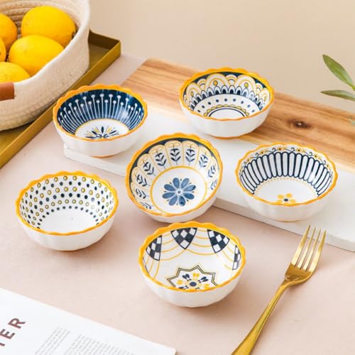 6 Pack 3 oz Small Soy Sauce Dish Ceramic Dipping Sauce Bowls | Moroccan Style/Yellow/Cute/Mini Dipping Bowls for Sushi,Side Dish,Ketchup,Dips,Condiment,Snack/BBQ Party/Stackable - color: Yellow