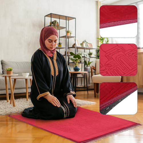 Z&Z living Space Muslim Prayer mat Extra Soft and Thick Padded Rug for Eid Travel Ramadan Islamic Gift and Great for Knees and Forehead - color: Red
