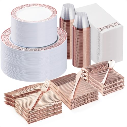 Bestluck 700PCS Rose Gold Plastic Dinnerware Set for 100 Guests, Disposable Plates for Party, Wedding, Include 100 Rose Dinner Plates, 100 Dessert Plates, 100 Set Silverware, 100 Cups, 100 Napkins - color: Rose Gold, size: 100 Guests Set