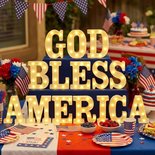 Aurelema 15 Pcs 4th of July Marquee Letter Lights Patriotic Light up Decorations for Home LED Battery Operated Letter Lights LED Independence Day Table Centerpiece 250th Anniversary Decorations - size: 8.27 inches, style: God Bless America