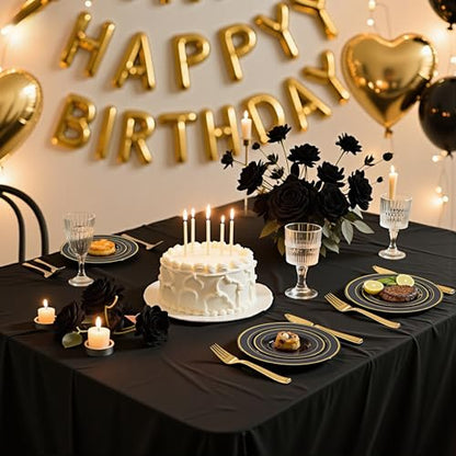 175PCS Black Gold Plastic Dinnerware Set for 25 Guests, Fancy Disposable Plates for Party, Include: 25 Dinner Plates, 25 Dessert Plates, 25 Pre Rolled Napkins with Gold Silverware, 25 Cups - color: Black and Gold