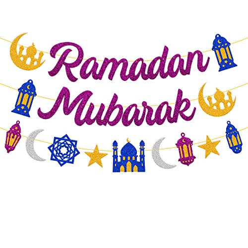 Ramadan Mubarak Banner Ramadan Star Moon Lantern Castle Theme Supplies for Muslim Islamic Ramadan Kareem Festival Celebration Party Decorations （Purple） - color: Purple