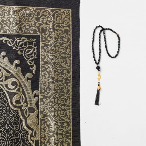 Taffeta Muslim Prayer Rug Set, Black Gold Kaaba Door Gift Box - color: Black/Cylinder Gift Box