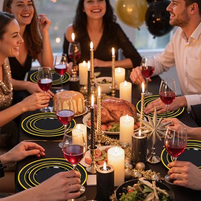 350 Pieces Black and Gold Plastic Plates with Disposable Silverware, Include 50 Dinner Plates 9”, 50 Dessert Plates 6.3”, 50 Black Cups 9 OZ, 50 Pre Rolled Napkins for Wedding/Party/Birthday - color: Black - Modern, size: 350